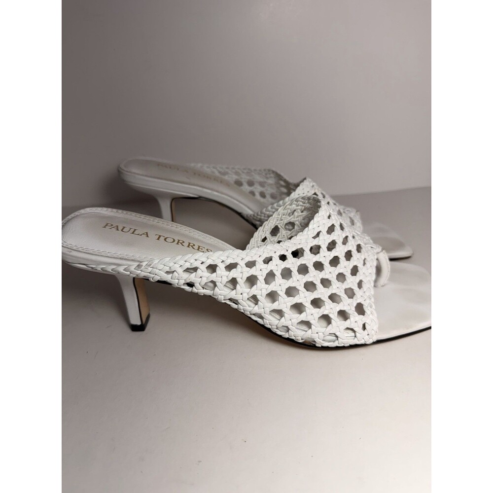 Paula Torres White Leather Woven Kitten Heel Sandals Mules Size 9 US 40 EU⁠